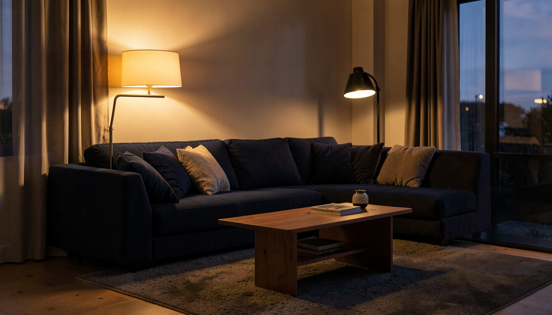 Warmly lit modern living room at dusk with a floor lamp casting a soft glow across a sofa and wooden coffee table, deep navy and amber tones
