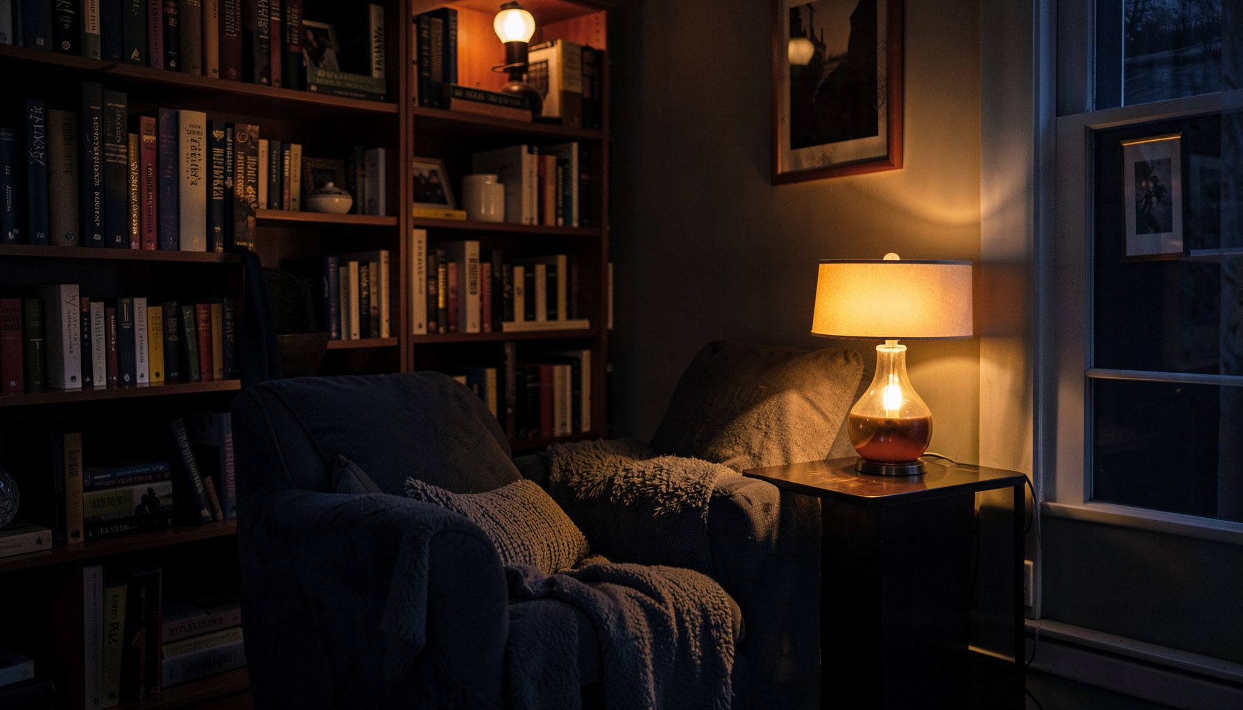 A warm, softly lit home interior with a comfortable reading nook, bookshelves, and a glowing table lamp, in deep navy and amber tones
