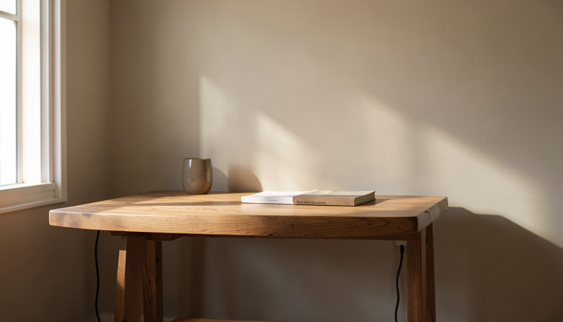 Warm interior with soft natural light falling across a wooden desk and neutral walls, calm and understated atmosphere