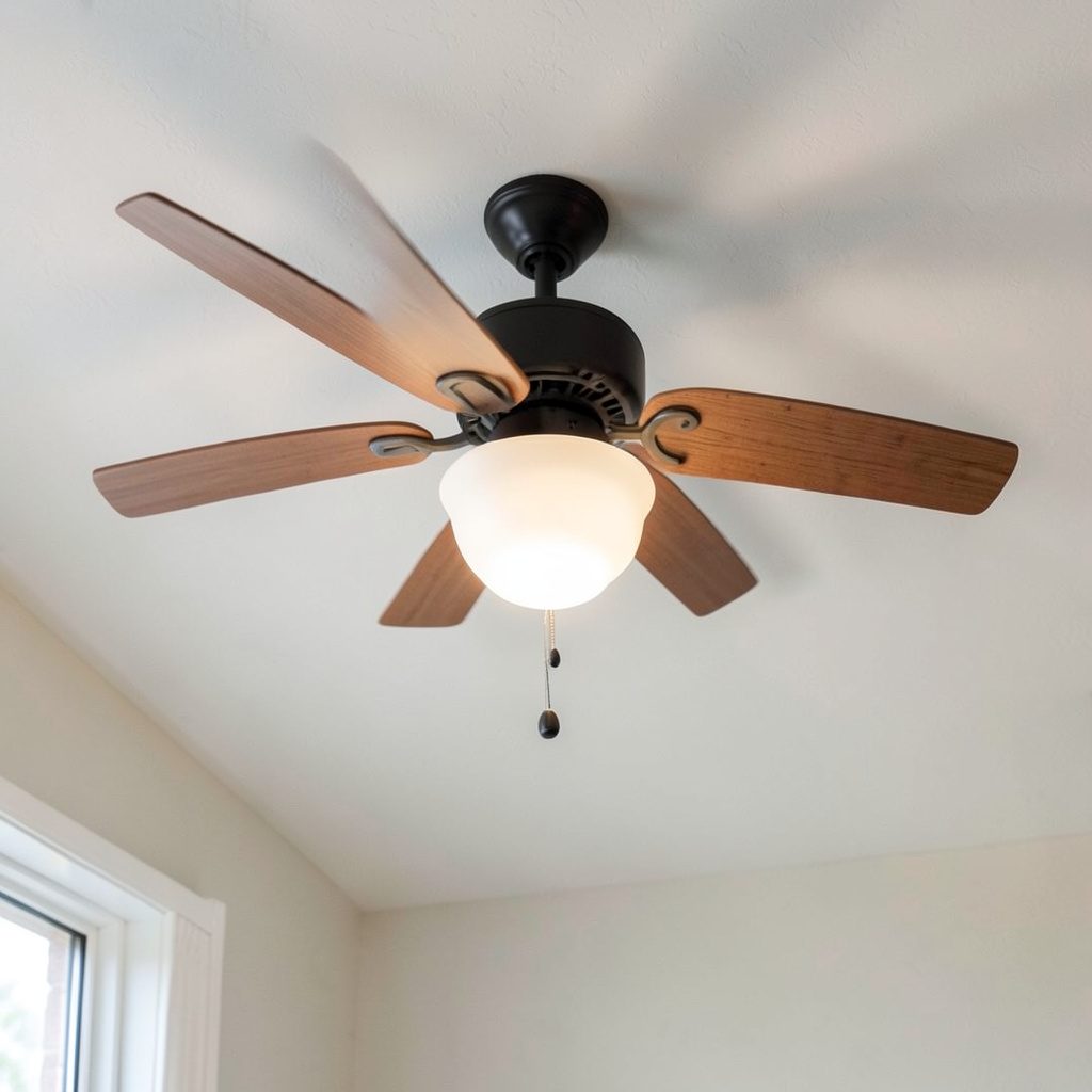 Modern ceiling fan with wooden blades in a bright interior room