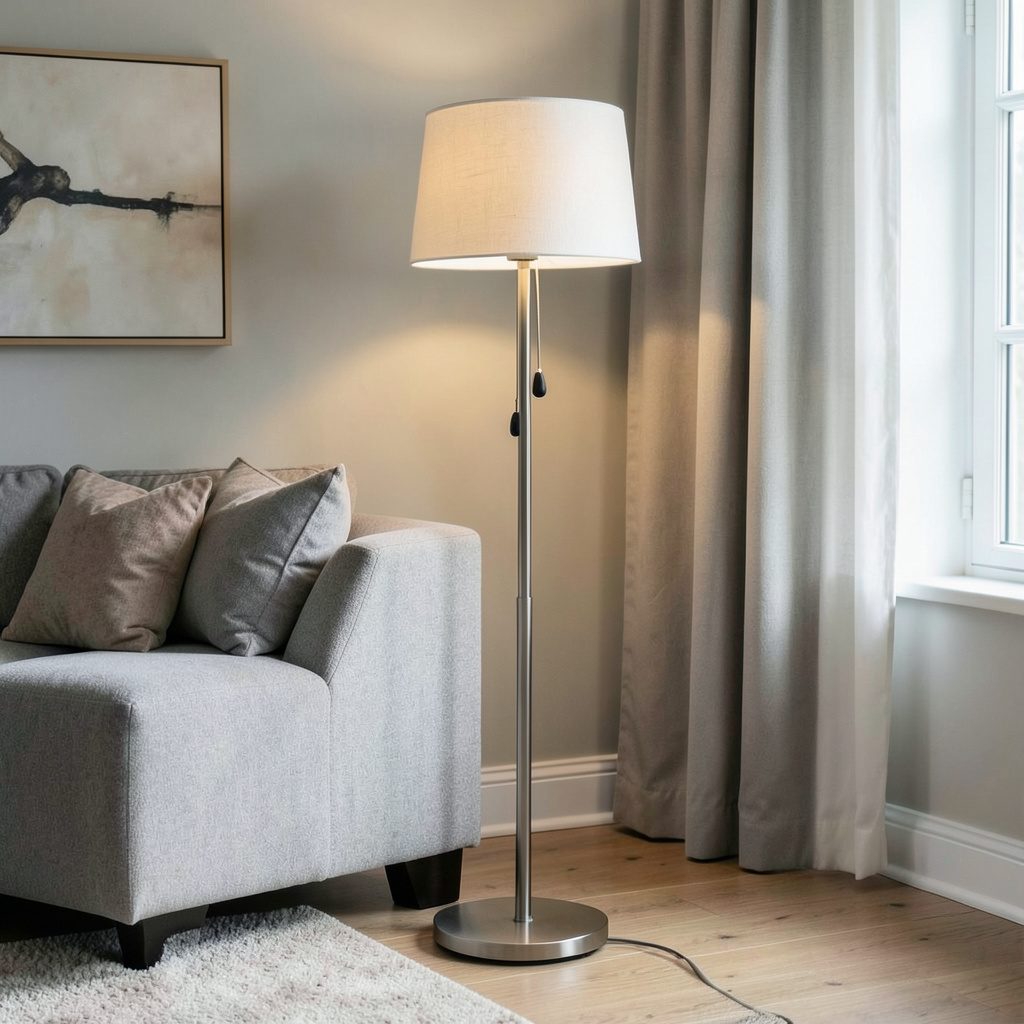 Mission style floor lamp casting warm light in a cozy living room corner