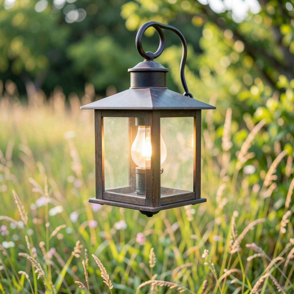 Outdoor prairie style light fixture mounted on a stone wall at twilight