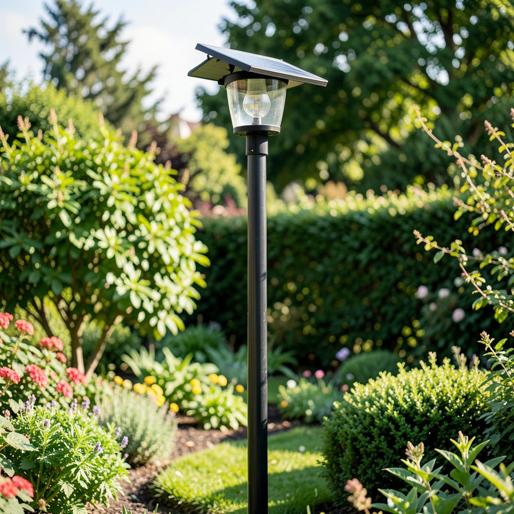Solar powered lamp post glowing warmly in a garden at twilight, surrounded by shrubs and a gravel path