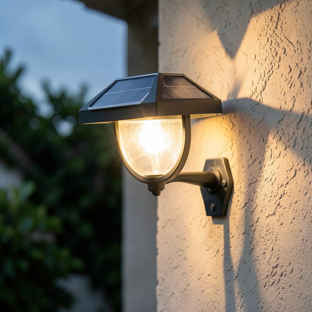 Solar powered porch light glowing warmly on a wooden porch at dusk